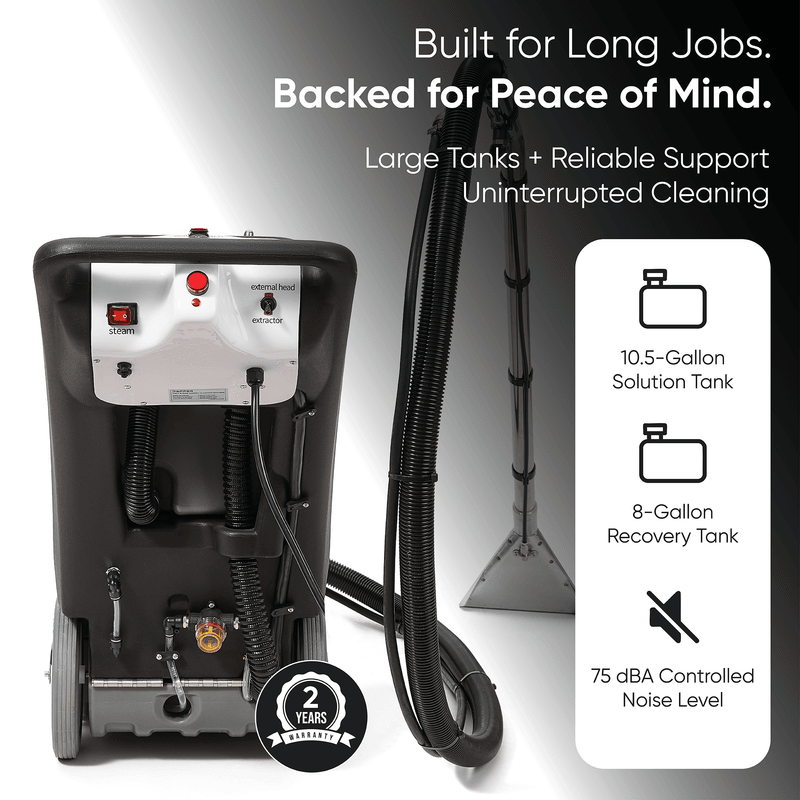 Dapper Supply 4-in-1 carpet extractor showing 10.5-gallon solution and 8-gallon recovery tanks.