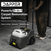 Dapper Supply 3-in-1 carpet restoration machine in use highlighting combing, extraction, and heated drying.