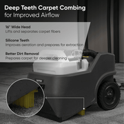 Dapper Supply carpet restoration machine deep-teeth combing detail showing the 16 inch silicone comb head.