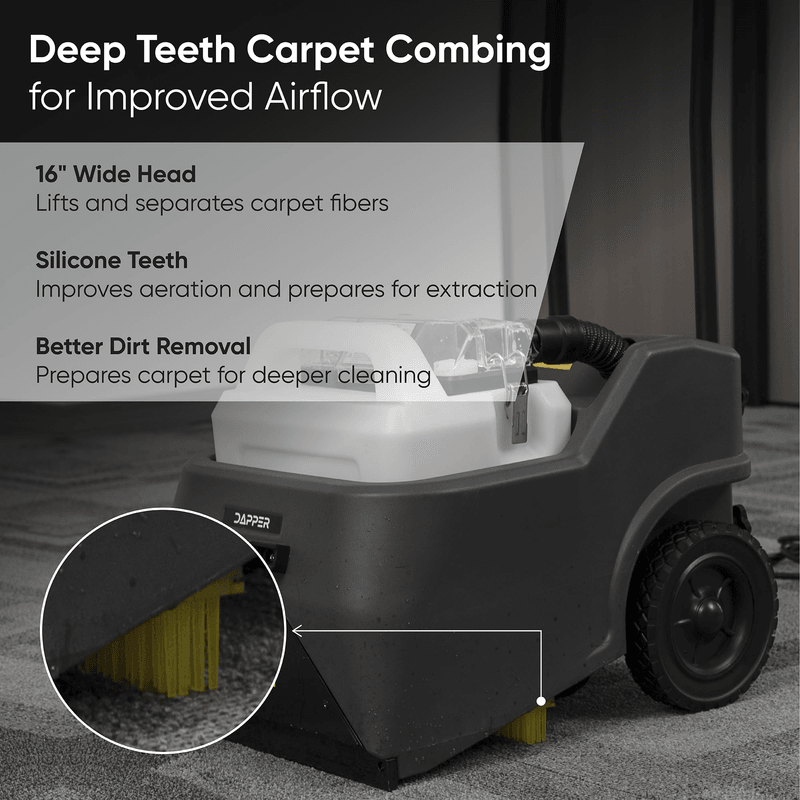 Dapper Supply carpet restoration machine deep-teeth combing detail showing the 16 inch silicone comb head.