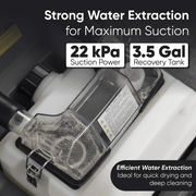 Dapper Supply carpet restoration machine extraction specs showing 22 kPa suction and 3.5-gallon recovery tank.