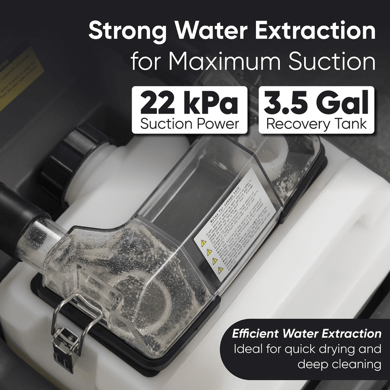 Dapper Supply carpet restoration machine extraction specs showing 22 kPa suction and 3.5-gallon recovery tank.