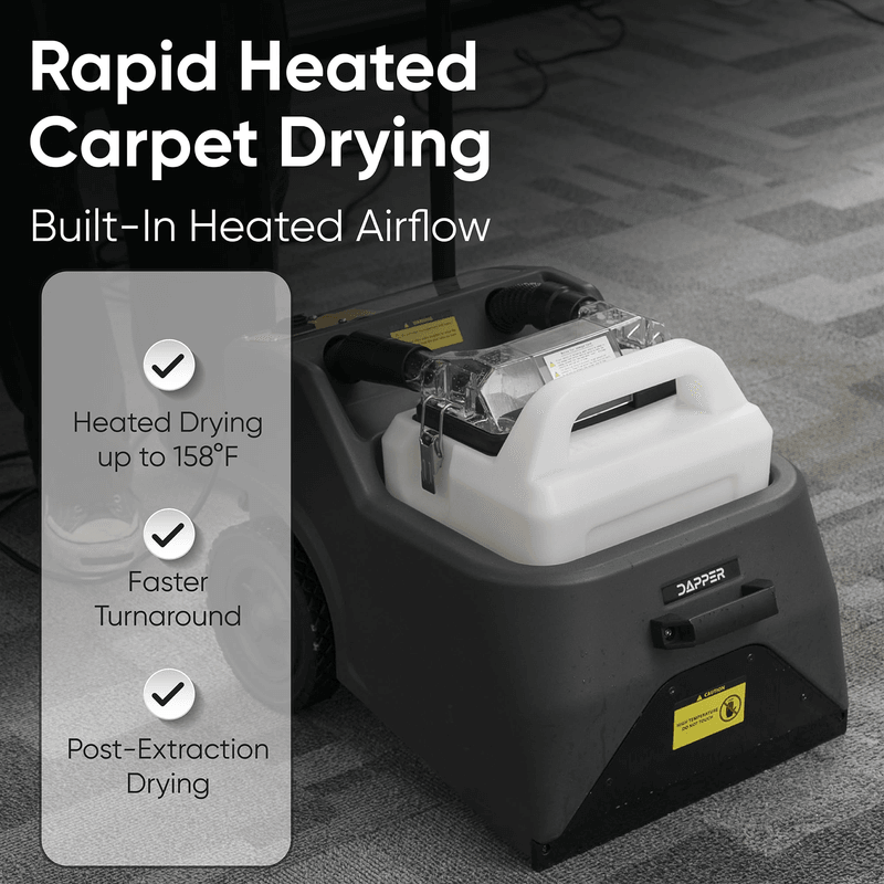Dapper Supply carpet restoration machine heated drying up to 158F for faster turnaround.