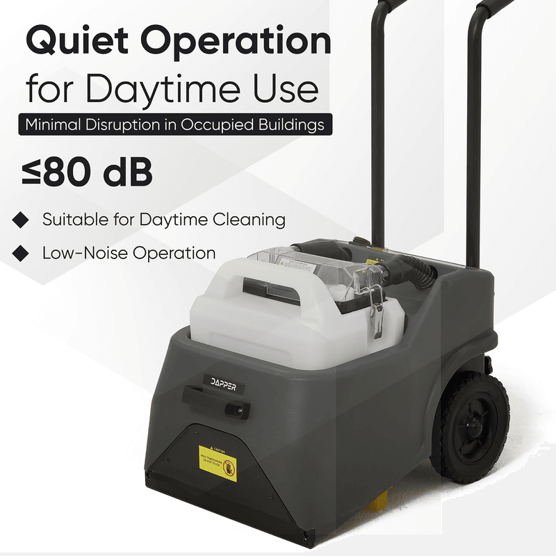 Dapper Supply carpet restoration machine quiet operation at 80 dB or less for daytime use.