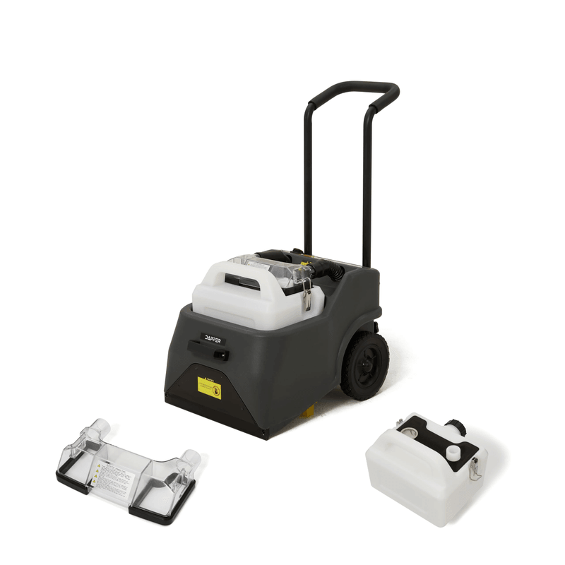 Dapper Supply carpet restoration machine shown with the included recovery tray and solution tank.
