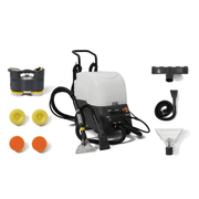 Dapper Supply carpet and upholstery steam extractor accessory kit with dual brush head, scrub and foam pads, upholstery tool, and extraction tool.
