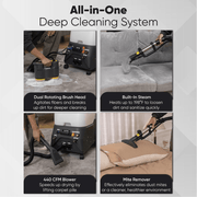 Dapper Supply carpet and upholstery steam extractor all-in-one features including dual brush head, 198F steam, 440 CFM blower, and mite remover.