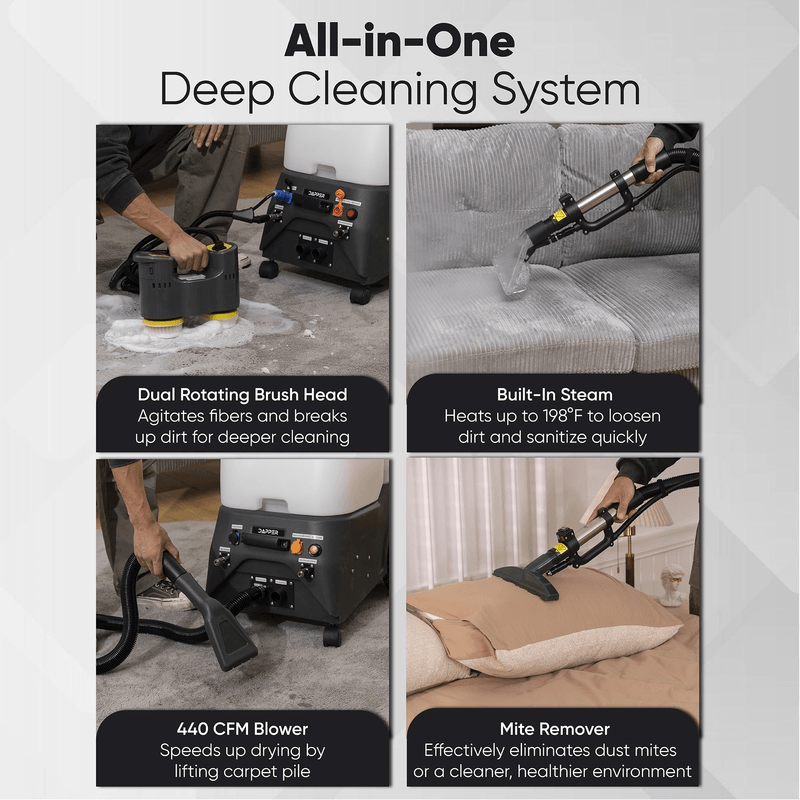 Dapper Supply carpet and upholstery steam extractor all-in-one features including dual brush head, 198F steam, 440 CFM blower, and mite remover.