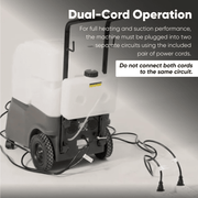 Dapper Supply carpet and upholstery steam extractor rear view showing dual cord operation on two separate circuits.