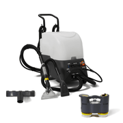 Dapper Supply carpet and upholstery steam extractor front angle with steam handle and dual brush heads.