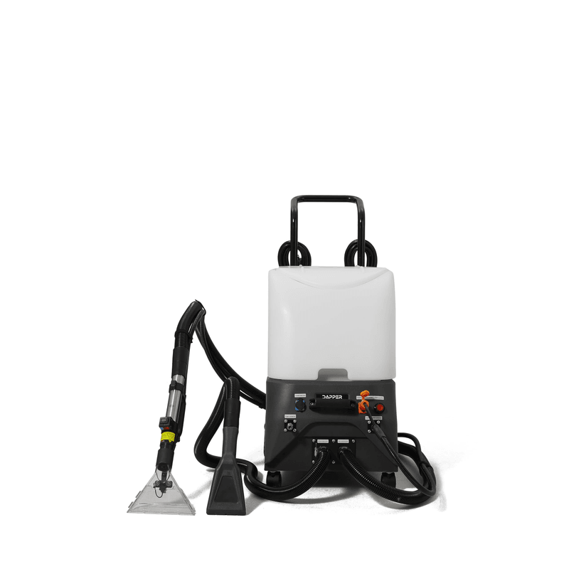Dapper Supply carpet and upholstery steam extractor front view with steam handle and extraction wand.