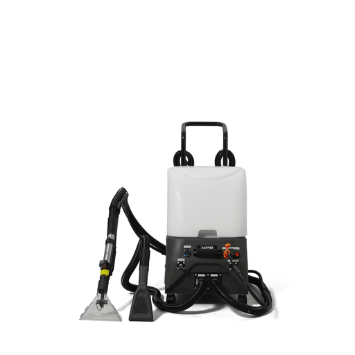 Dapper Supply carpet and upholstery steam extractor front view with steam handle and extraction wand.