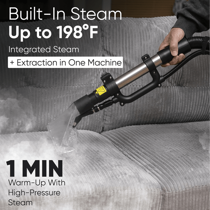 Dapper Supply carpet and upholstery steam extractor steam handle delivering up to 198F steam with a one minute warm-up.