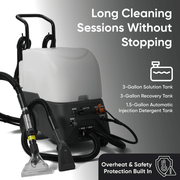 Dapper Supply carpet and upholstery steam extractor with a 3 gallon solution tank, 3 gallon recovery tank, and 1.5 gallon detergent tank.