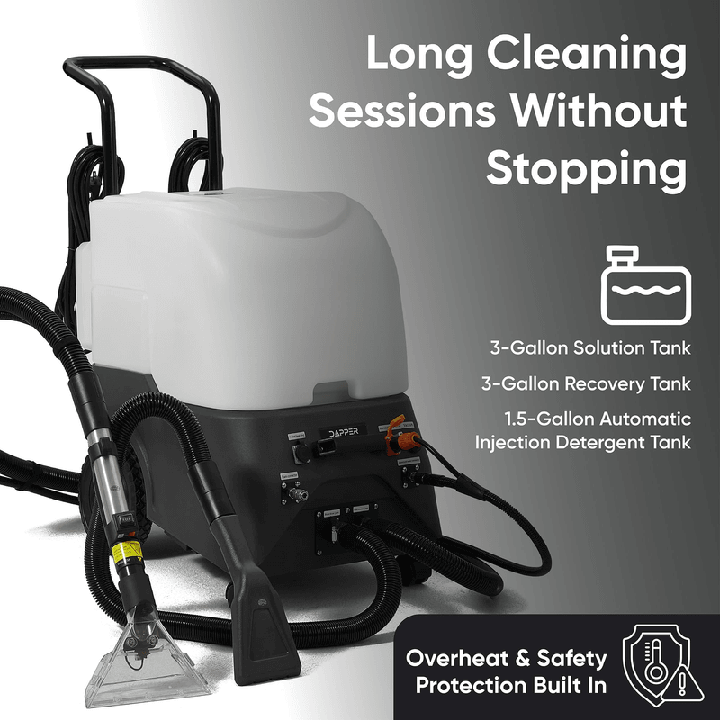 Dapper Supply carpet and upholstery steam extractor with a 3 gallon solution tank, 3 gallon recovery tank, and 1.5 gallon detergent tank.