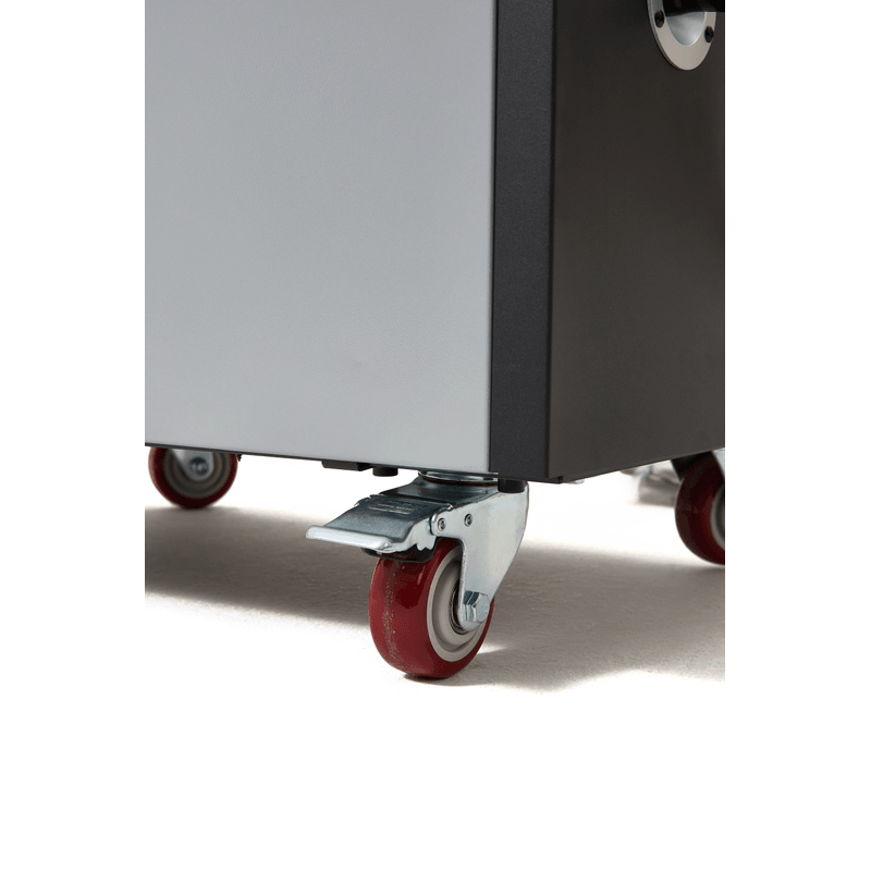Dapper Supply 350-pint commercial dehumidifier locking caster wheel closeup.