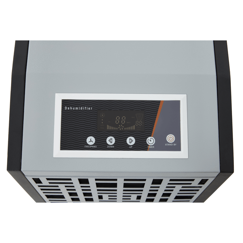 Dapper Supply commercial dehumidifier control panel with fan speed, humidity, and timer buttons.