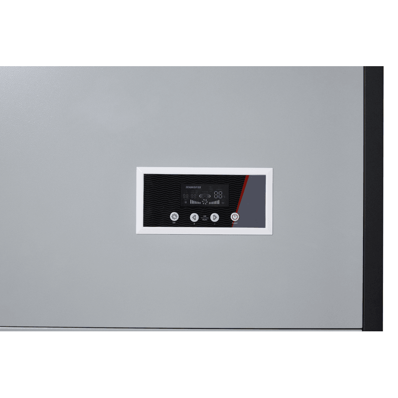 Dapper Supply 350-pint commercial dehumidifier LCD control panel closeup.