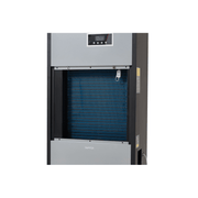 Dapper Supply 350-pint commercial dehumidifier open panel showing the evaporator coil.