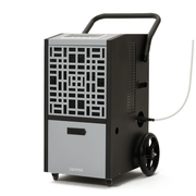 Dapper Supply 105-pint commercial dehumidifier front angle view with handle and drain hose.