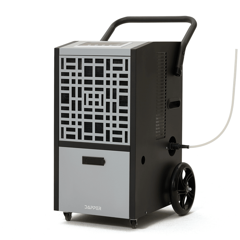Dapper Supply 105-pint commercial dehumidifier front angle view with handle and drain hose.
