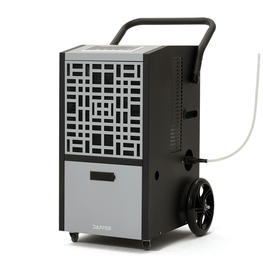 Dapper Supply 105-pint commercial dehumidifier front angle view with handle and drain hose.