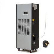 Dapper Supply 350-pint commercial dehumidifier front angle with power plug.