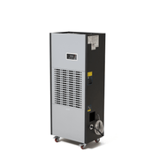 Dapper Supply 350-pint commercial dehumidifier front left angle with drain hose.