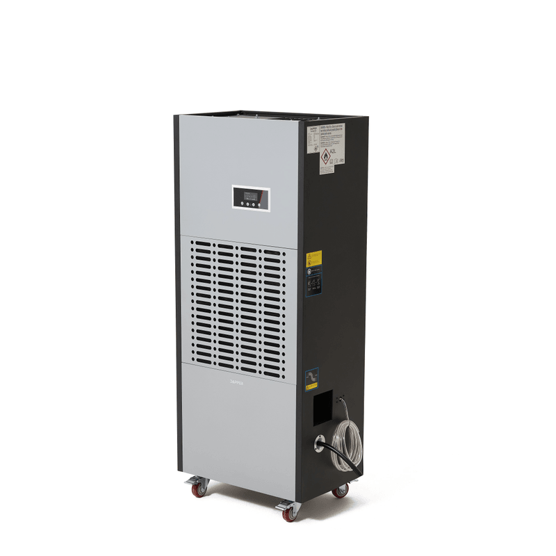 Dapper Supply 350-pint commercial dehumidifier front left angle with drain hose.