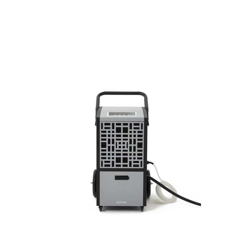 Dapper Supply 105-pint commercial dehumidifier front view with control panel and intake grille.