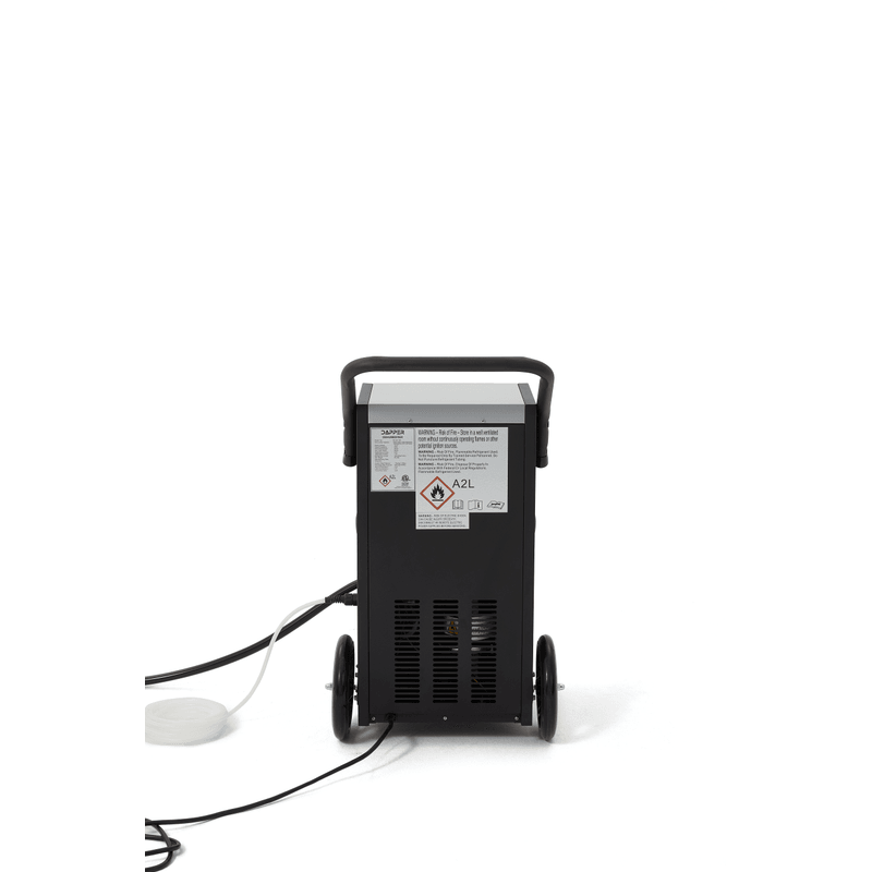 Dapper Supply 105-pint commercial dehumidifier rear view with specification and safety label.