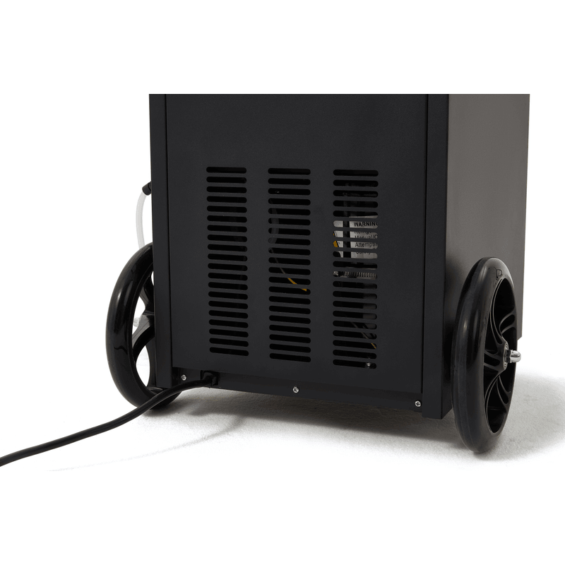 Dapper Supply 105-pint commercial dehumidifier rear vented panel and large transport wheels.