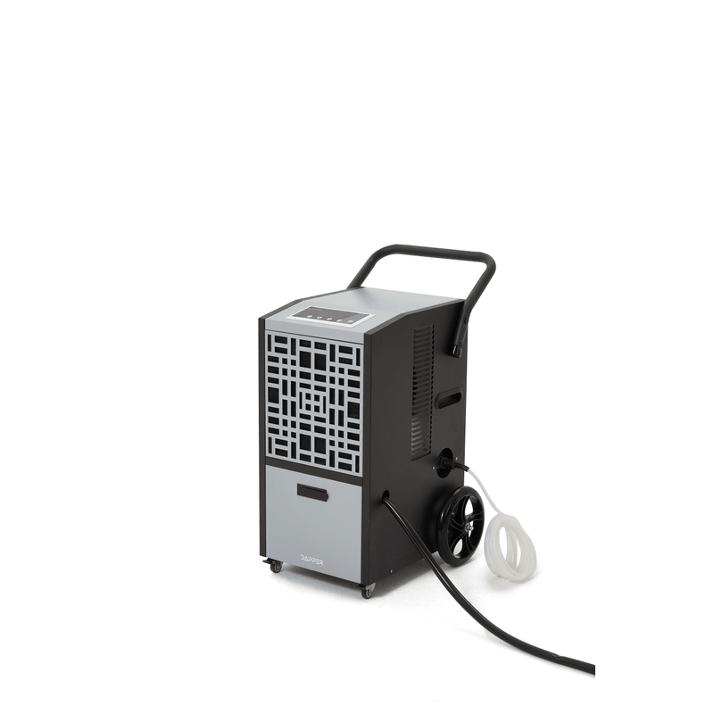 Dapper Supply 105-pint commercial dehumidifier side angle showing exhaust vents and wheel.