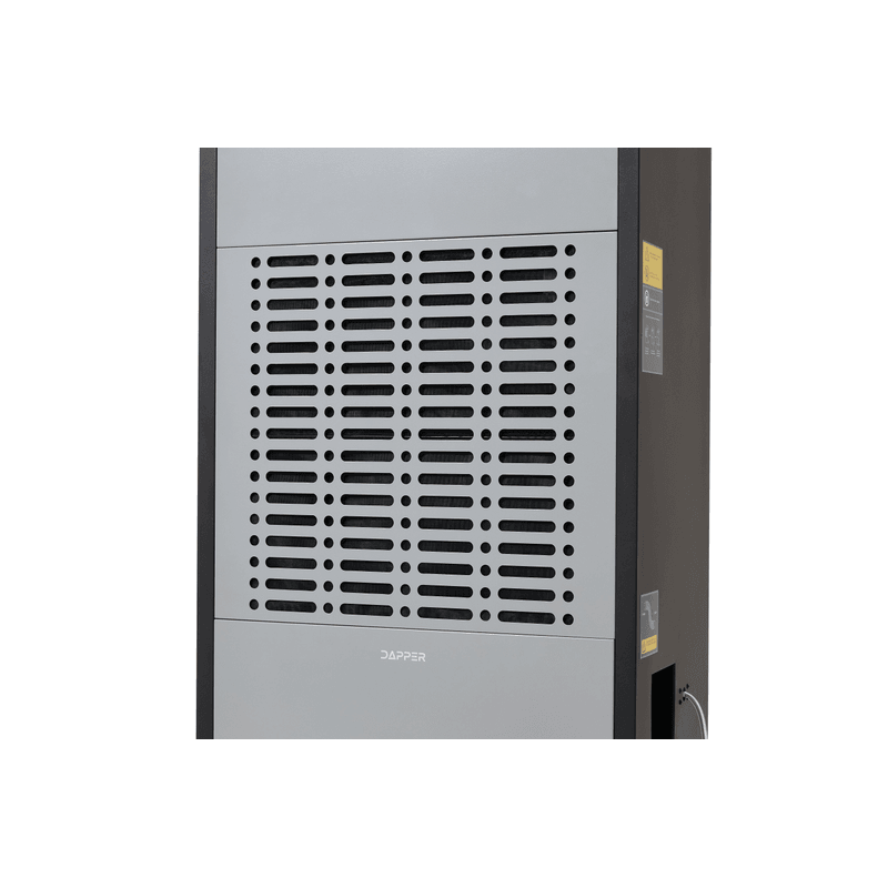Dapper Supply 350-pint commercial dehumidifier side intake grille closeup.