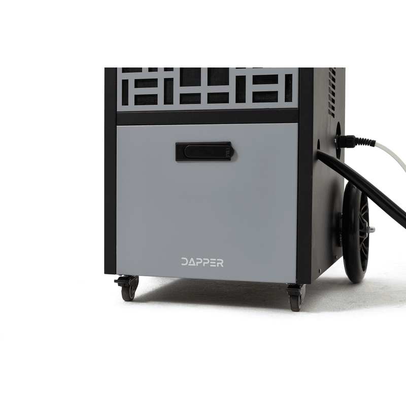 Dapper Supply commercial dehumidifier closed tank door with full indicator and casters.