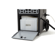 Dapper Supply commercial dehumidifier open door showing the removable water collection tank.