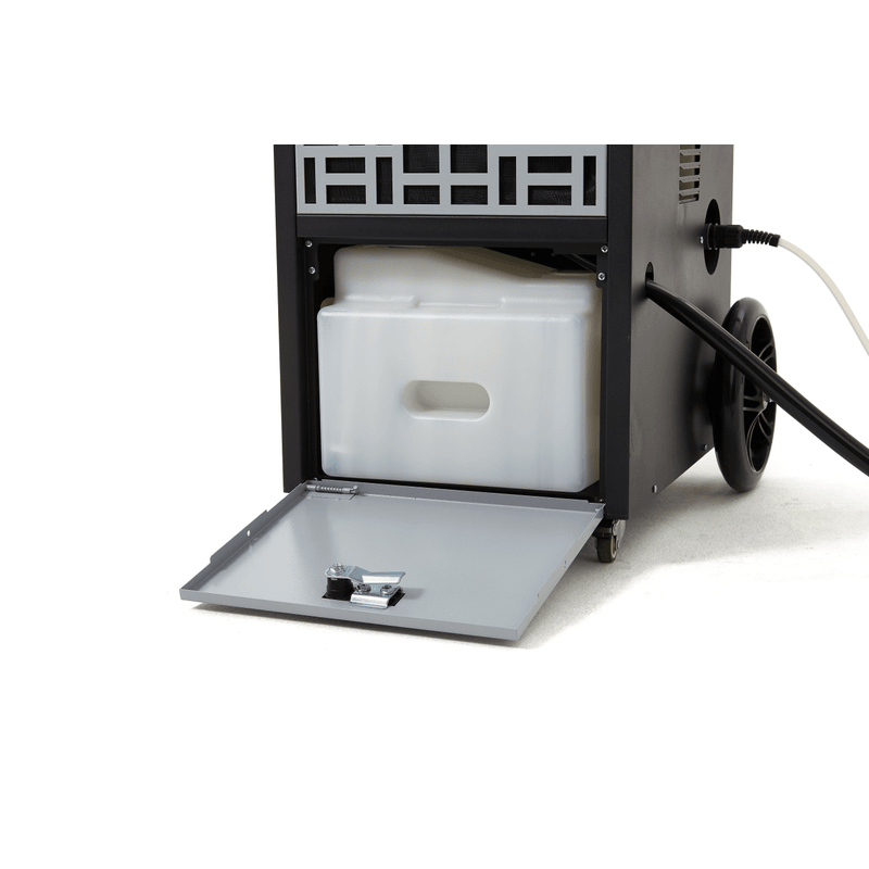 Dapper Supply commercial dehumidifier open door showing the removable water collection tank.