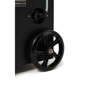 Dapper Supply commercial dehumidifier rear transport wheel and drain port detail.