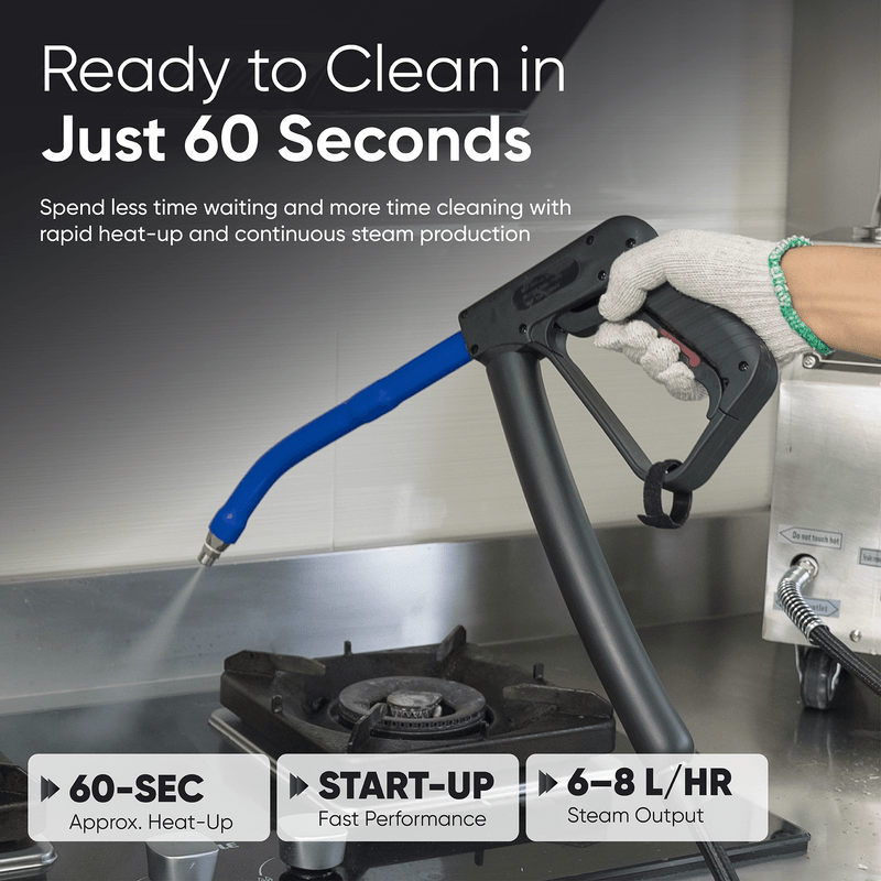 Dapper Supply commercial steam cleaner infographic showing 60-second heat-up and 6 to 8 liter per hour steam output.