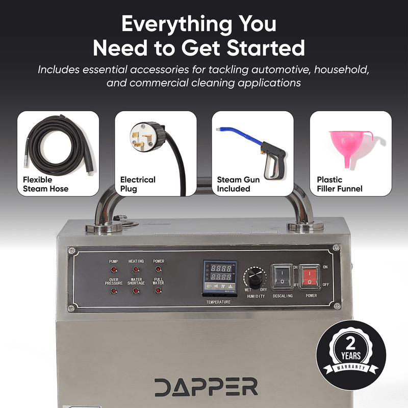Dapper Supply commercial steam cleaner infographic showing the included accessory kit and 2-year warranty.
