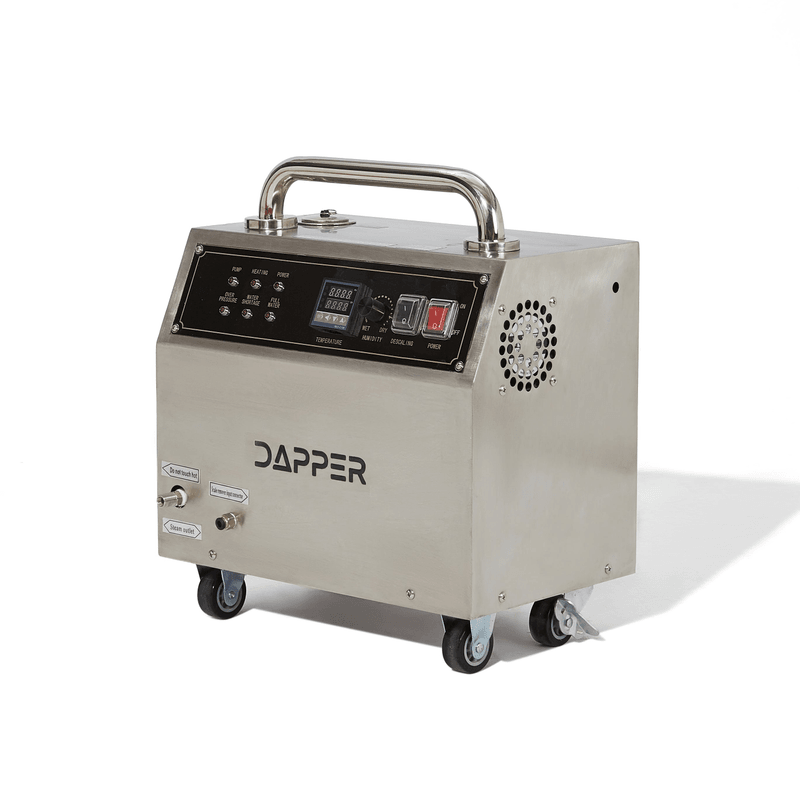 Dapper Supply commercial steam cleaner angled view of stainless steel housing.