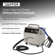 Dapper Supply commercial steam cleaner infographic showing 230F steam temperature and 58 to 102 PSI pressure.