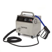 Dapper Supply commercial steam cleaner front angle with steam gun and hose.