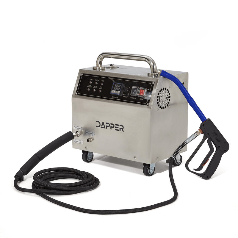 Dapper Supply commercial steam cleaner with steam gun and coiled hose.