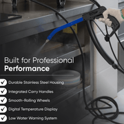 Dapper Supply commercial steam cleaner infographic listing stainless steel housing, carry handles, wheels, and digital display.