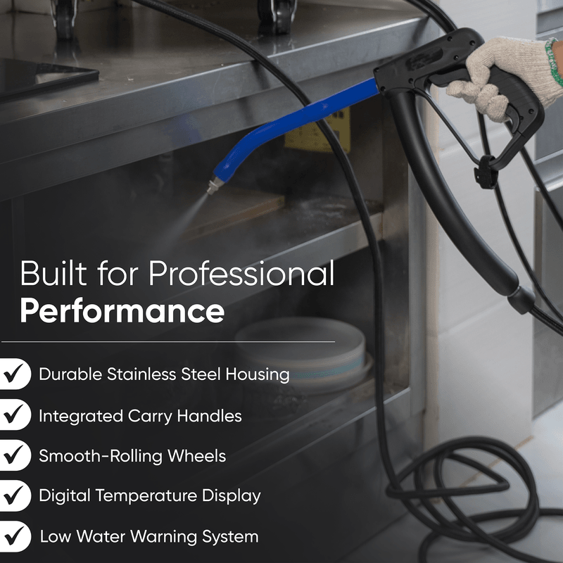 Dapper Supply commercial steam cleaner infographic listing stainless steel housing, carry handles, wheels, and digital display.