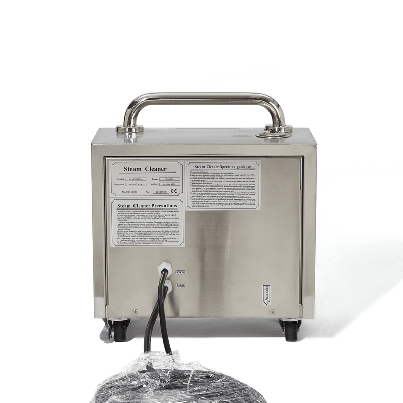 Dapper Supply commercial steam cleaner rear view with specification label.
