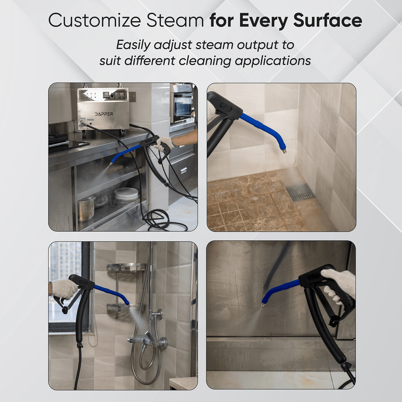 Dapper Supply commercial steam cleaner infographic showing adjustable steam on multiple surfaces.