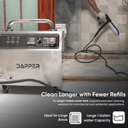 Dapper Supply commercial steam cleaner infographic highlighting the large 1-gallon water tank.