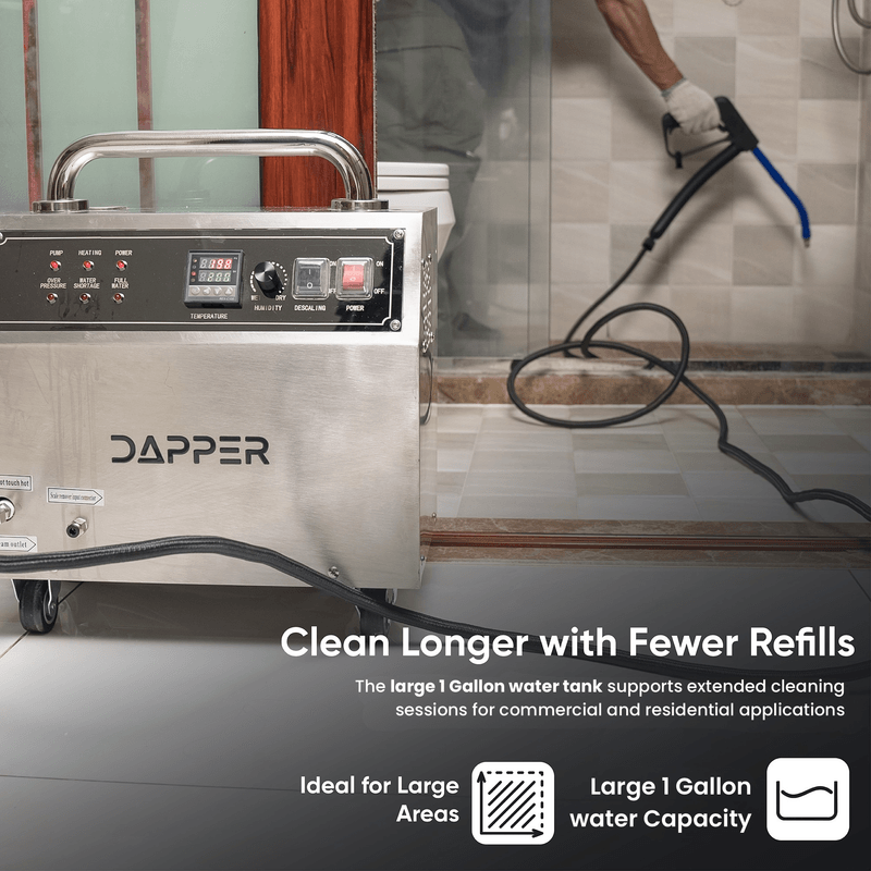 Dapper Supply commercial steam cleaner infographic highlighting the large 1-gallon water tank.